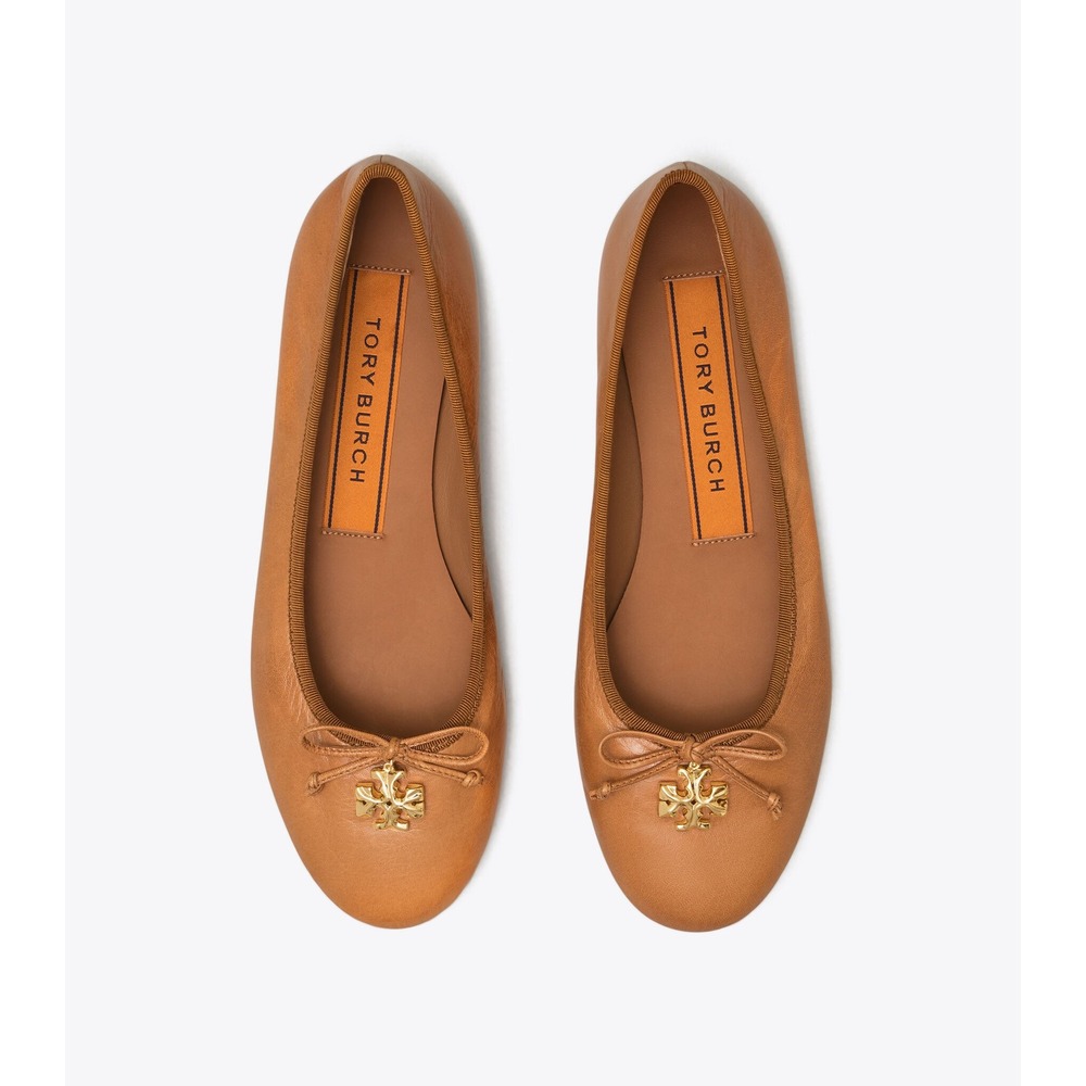 Tory Burch Minnie Travel Ballet Flats Tan Leather Gold Logo 7.5M